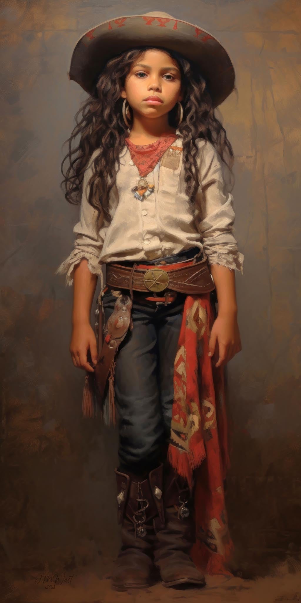 Classical oil painting portrait of a young Latina girl dressed in full vaquera Western attire, including a wide-brimmed red-trimmed sombrero, white button-down shirt, red bandana, star buckle belt, dark jeans, spurred brown cowboy boots, and a southwestern serape at her hip, with long dark curly hair and a confident composed expression, painted in warm earth tones by Jay Bryant Ward.