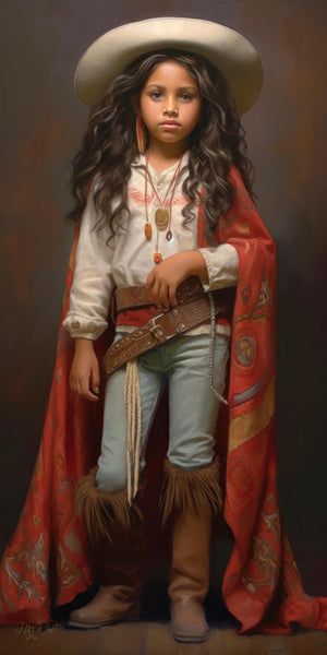 Oil-style portrait print of a young Indigenous or Latina girl wearing a cream cowboy hat, embroidered white blouse, fringed leather boots, and a red serape, accessorized with beaded necklaces and a tooled leather belt, set against a warm brown tonal background.
