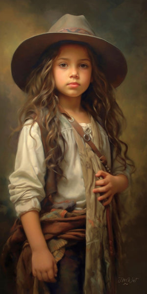 Oil-style portrait of a young girl in Western frontier attire, including a wide-brimmed felt hat, white peasant blouse, and leather satchel strap, with long wavy brown hair and a calm gaze against a muted gold and teal painterly background. Art print by Jay Bryant Ward.