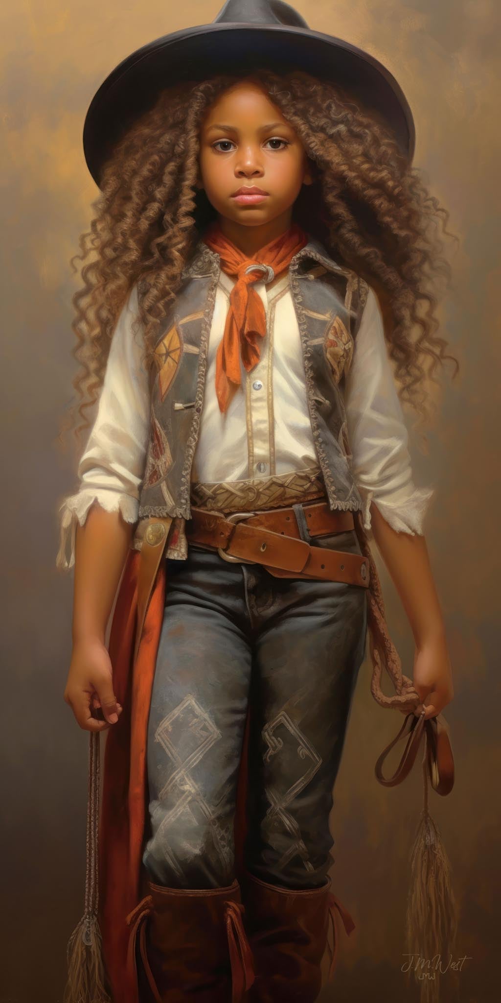 Oil-style portrait painting of a young Black girl in Western cowgirl attire, including a wide-brimmed dark hat, embroidered vest, orange bandana, patterned denim jeans, and cowboy boots, holding leather tasseled reins against a warm golden-brown background, by artist Jay Bryant Ward.