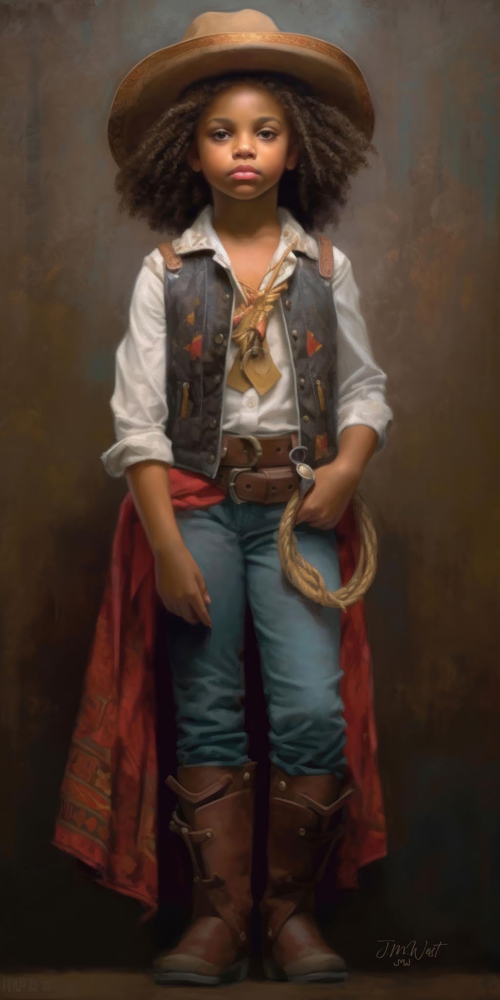 Digital oil painting portrait of a young Black girl in full western cowgirl attire — wide-brim tan hat, embroidered denim vest, gold neckerchief, brown leather boots, and a red duster — holding a coiled rope and standing confidently against a moody teal-brown painterly background.