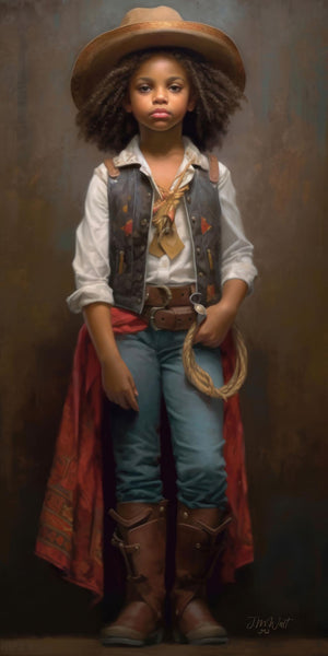 Digital oil painting portrait of a young Black girl in full western cowgirl attire — wide-brim tan hat, embroidered denim vest, gold neckerchief, brown leather boots, and a red duster — holding a coiled rope and standing confidently against a moody teal-brown painterly background.