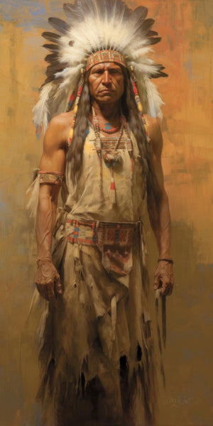 Full-length oil painting style portrait of a Native American chief in traditional regalia including an eagle feather war bonnet, beaded necklaces, buckskin garments, and wrist adornments, set against a warm ochre and gold textured background, by Jay Bryant Ward.