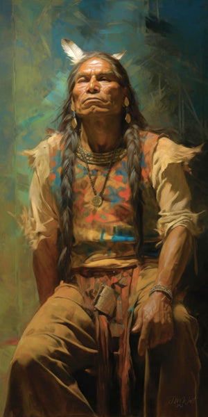 Oil-style portrait painting of a mature Native American elder seated with quiet dignity, wearing braided hair with white feathers, layered turquoise and bead necklaces, a colorful patterned vest over buckskin, and a silver cuff bracelet, his gaze lifted upward against a loosely painted background of deep teals and earthy greens with warm dramatic lighting.