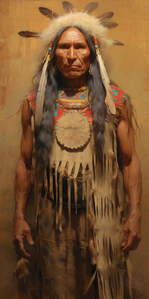 Oil-style portrait painting of an elder Native American man wearing a full feathered headdress with white fur banding, beaded earrings, a colorful red turquoise and yellow beaded chest collar, a circular hide medallion, and a fringed buckskin garment, standing against a warm golden ochre background with expressive painterly brushwork.