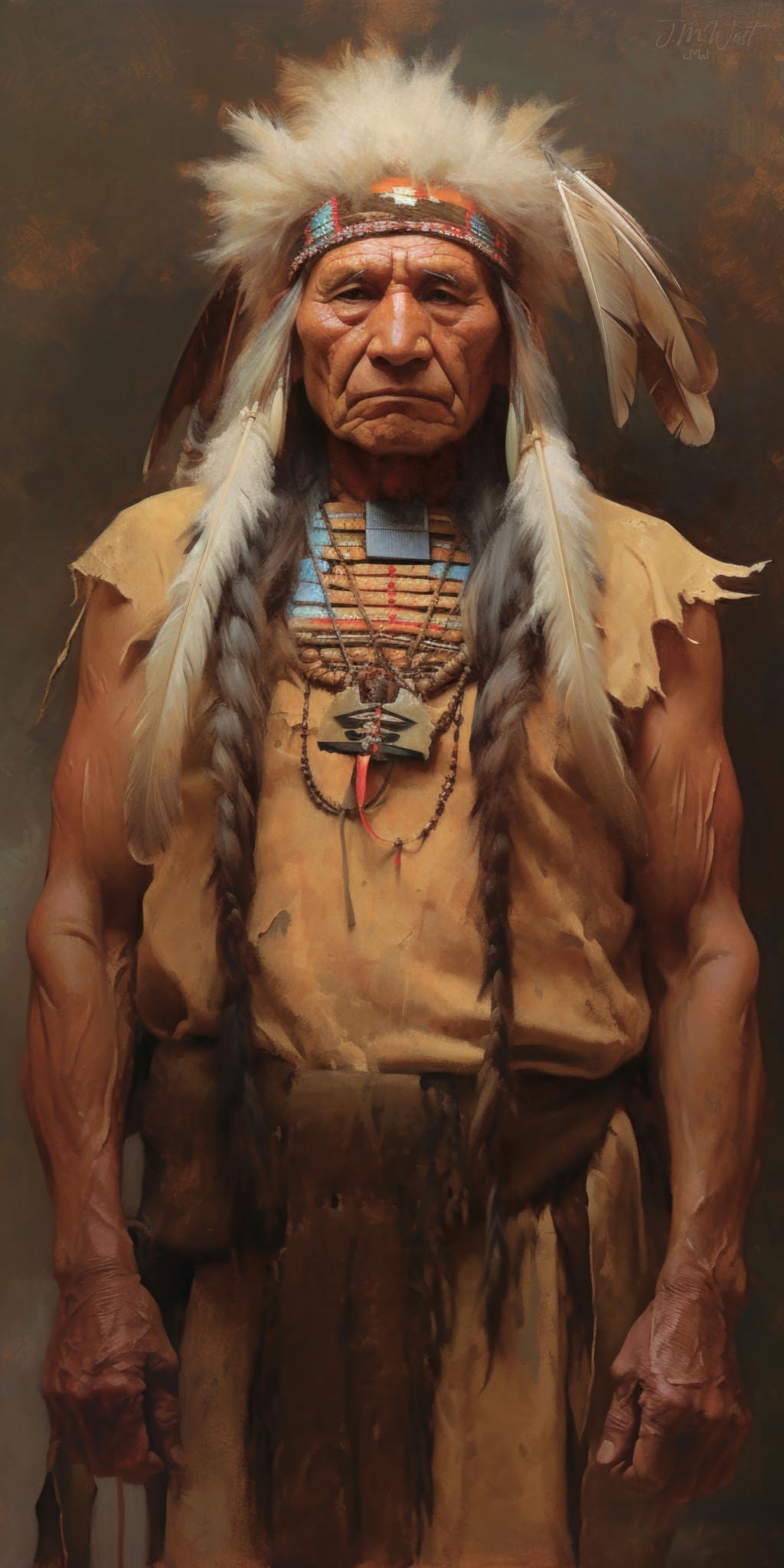 Oil painting style portrait print of an elderly Native American elder standing in traditional regalia including a feathered headdress with turquoise and red beaded headband, braided hair with feathers, a bone and bead breastplate, and a buckskin tunic, set against a warm dark ochre background with expressive brushwork by artist Jay Bryant Ward.