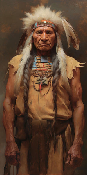 Oil painting style portrait print of an elderly Native American elder standing in traditional regalia including a feathered headdress with turquoise and red beaded headband, braided hair with feathers, a bone and bead breastplate, and a buckskin tunic, set against a warm dark ochre background with expressive brushwork by artist Jay Bryant Ward.