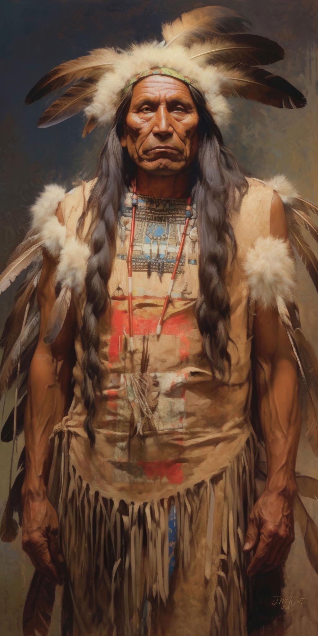 Painterly oil-style portrait of a mature Native American tribal leader wearing a full white-feathered headdress, long gray braids, and fringed buckskin garment with colorful beadwork and red motifs, set against a moody dark blue and brown atmospheric background.