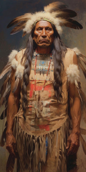 Painterly oil-style portrait of a mature Native American tribal leader wearing a full white-feathered headdress, long gray braids, and fringed buckskin garment with colorful beadwork and red motifs, set against a moody dark blue and brown atmospheric background.