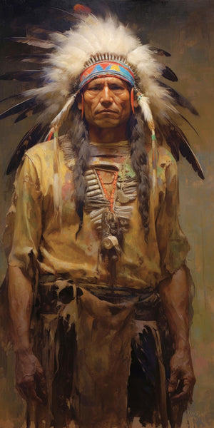 Oil-style fine art portrait of a Native American man in full traditional regalia including a white and black eagle feather war bonnet, beaded headband, buckskin tunic, shell and bone breastplate, and red bead necklace, standing in a dignified pose against a warm ochre painterly background, by artist Jay Bryant Ward.