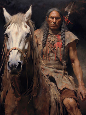 Classic portrait of an American Indian brave on horseback, wearing traditional attire and a feathered headdress, representing Native American heritage and pride.