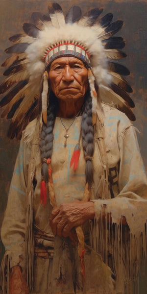 Oil painting-style portrait of an elderly Native American man wearing a large eagle feather war bonnet, long braided hair, and a fringed buckskin shirt with turquoise geometric accents. He wears a small cross and feather pendant necklace. His weathered face bears a solemn, dignified expression against a warm muted earth-tone background.