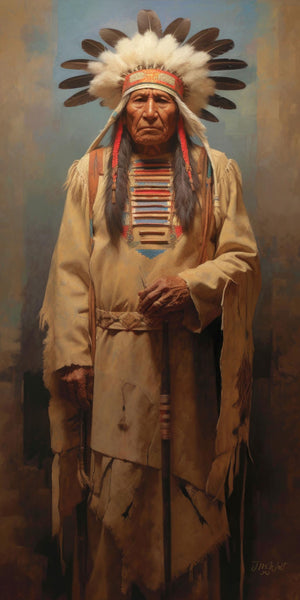 Oil painting portrait of an elderly Native American chief standing in full traditional regalia, including a large eagle-feather war bonnet, colorful beaded breastplate, and fringed buckskin coat. He holds a carved staff and bears a solemn, dignified expression against a warm ochre and sky blue background, painted in a classical 19th-century Western American style.