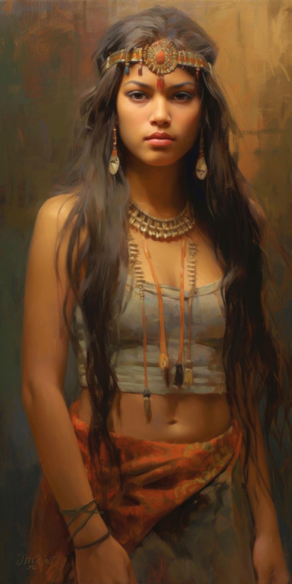 Oil-style portrait of a young Indigenous woman with long dark hair, wearing a coral and turquoise beaded headband, layered bone and metal collar necklace, long dangling earrings, and leather cord pendants. Rendered in warm earth tones with chiaroscuro lighting against an impressionistic amber and sienna background. Vertical format fine art print by Jay Bryant Ward.