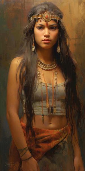 Oil-style portrait of a young Indigenous woman with long dark hair, wearing a coral and turquoise beaded headband, layered bone and metal collar necklace, long dangling earrings, and leather cord pendants. Rendered in warm earth tones with chiaroscuro lighting against an impressionistic amber and sienna background. Vertical format fine art print by Jay Bryant Ward.