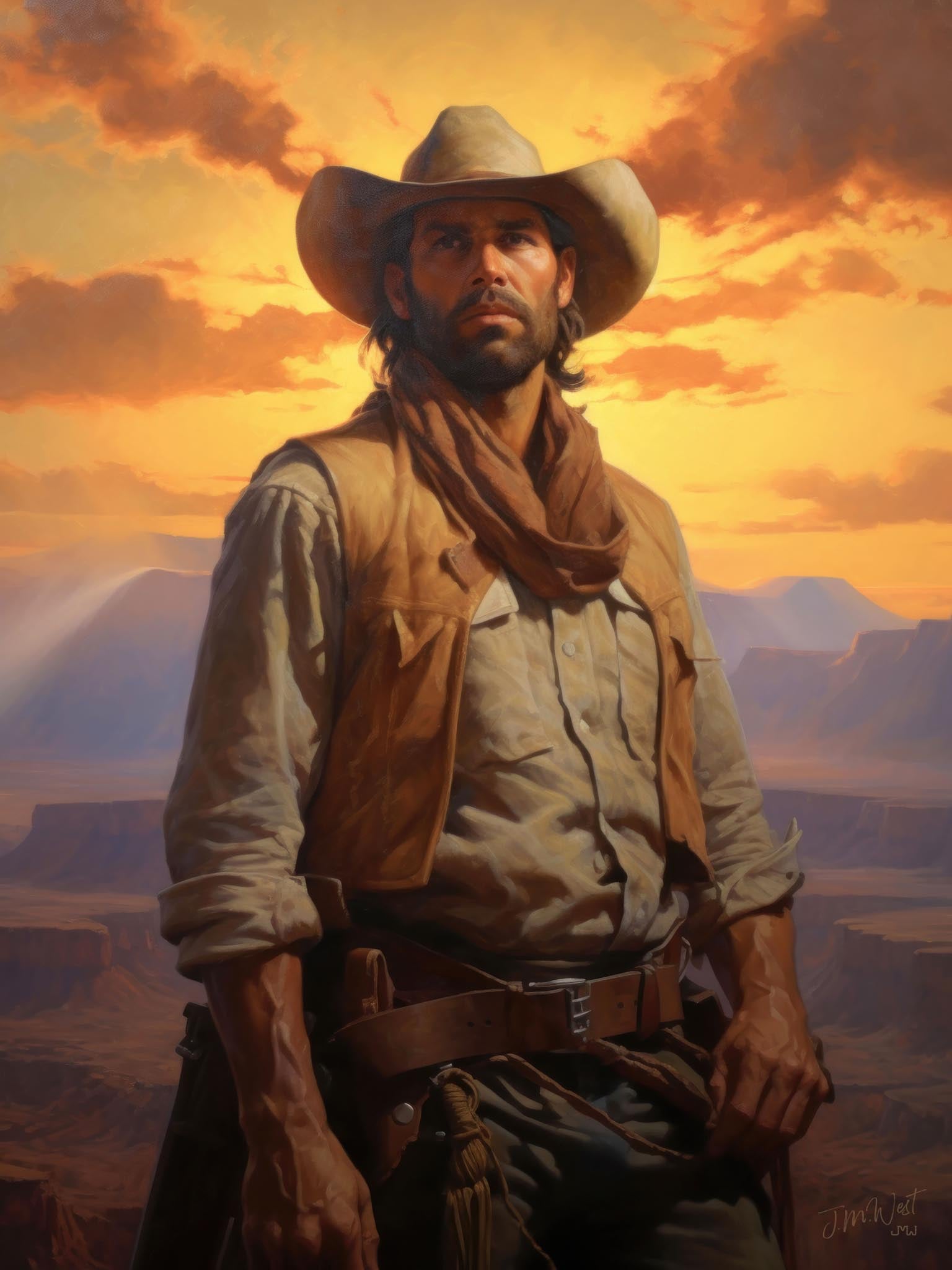 Portrait of a rugged cowboy with a cowboy hat against a sunset backdrop, reflecting the rugged lifestyle and fashion of the American Old West.