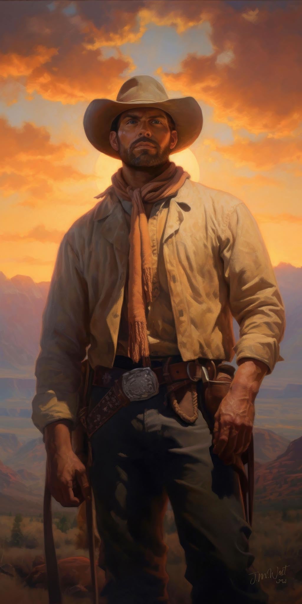 Oil-style painting of a broad-shouldered cowboy in a cream linen shirt, fringed neck scarf, wide-brimmed tan hat, and leather gun belt with silver buckle and holstered revolver, standing confidently against a fiery amber and orange canyon sunset sky with sweeping mountain terrain in the background, signed by artist J.M. West.