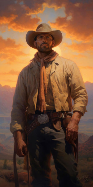 Oil-style painting of a broad-shouldered cowboy in a cream linen shirt, fringed neck scarf, wide-brimmed tan hat, and leather gun belt with silver buckle and holstered revolver, standing confidently against a fiery amber and orange canyon sunset sky with sweeping mountain terrain in the background, signed by artist J.M. West.