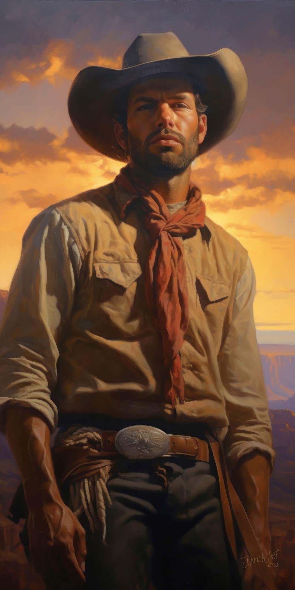 Oil painting portrait of a rugged cowboy wearing a wide-brim hat, tan work shirt, and red bandana, standing before a dramatic golden and purple sunset sky with canyon terrain in the background, by artist Jay Bryant Ward.