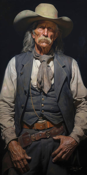 Oil painting-style portrait of an aged cowboy with long gray hair, drooping mustache, and deeply lined face, wearing a cream wide-brim hat, dark brass-buttoned vest, white linen shirt, gray neckerchief, and leather gun belt, rendered against a dark background with dramatic chiaroscuro lighting in the style of 19th-century American West realism.