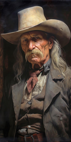 Oil painting style portrait of an elderly Western frontiersman with long silver hair, a drooping mustache, and deeply weathered facial features. He wears a cream cowboy hat, gray duster coat, white ruffled frontier shirt, and dark red neckerchief. Dramatic chiaroscuro lighting against a dark background. Art by Jay Bryant Ward.
