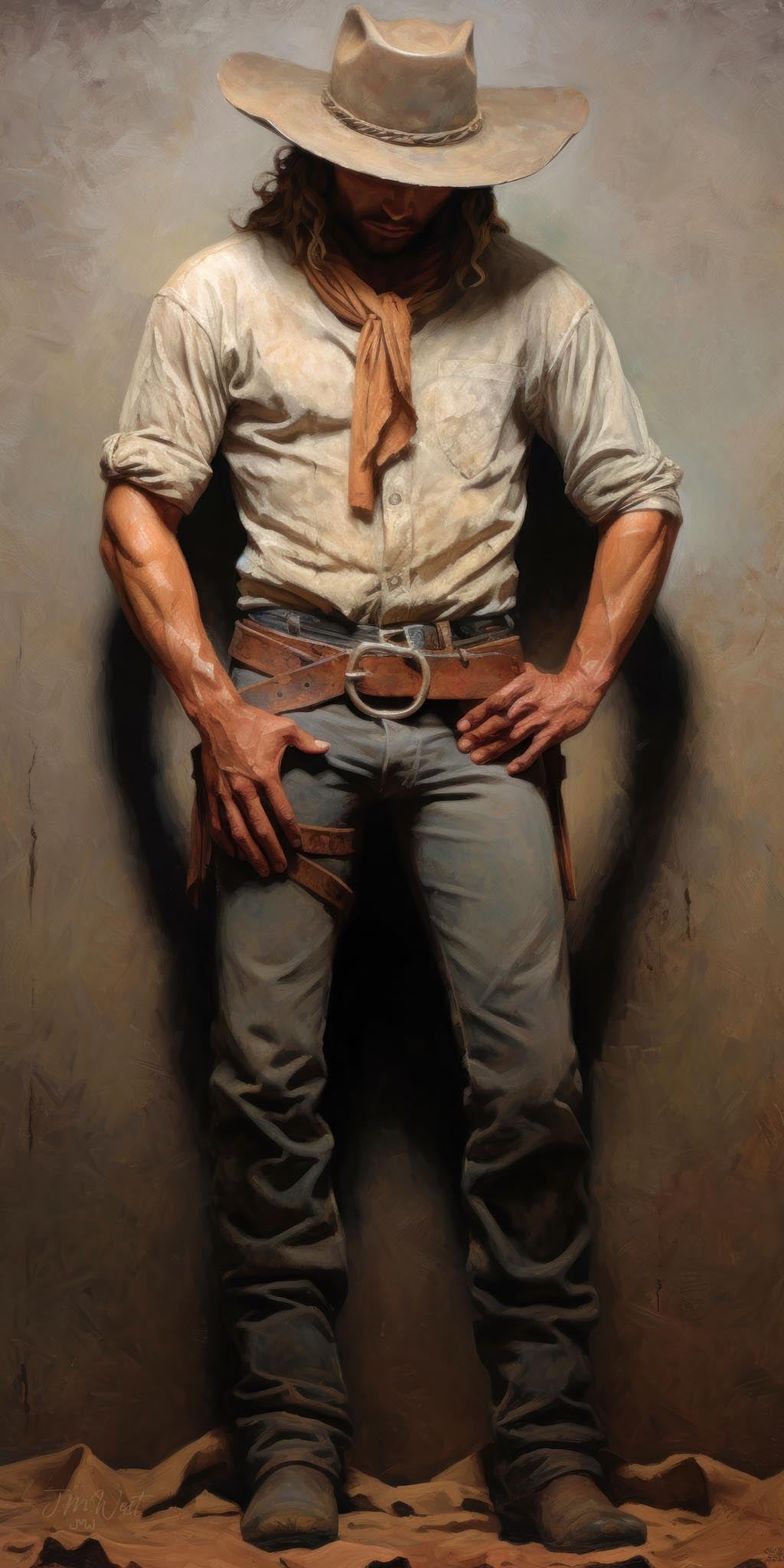 Oil-style painting of a rugged long-haired cowboy in a wide-brimmed felt hat, white linen shirt, bandana, and worn leather holster belt, standing in a wide-legged gunslinger stance with head bowed and a dramatic dark shadow spreading behind him on a muted textured background.