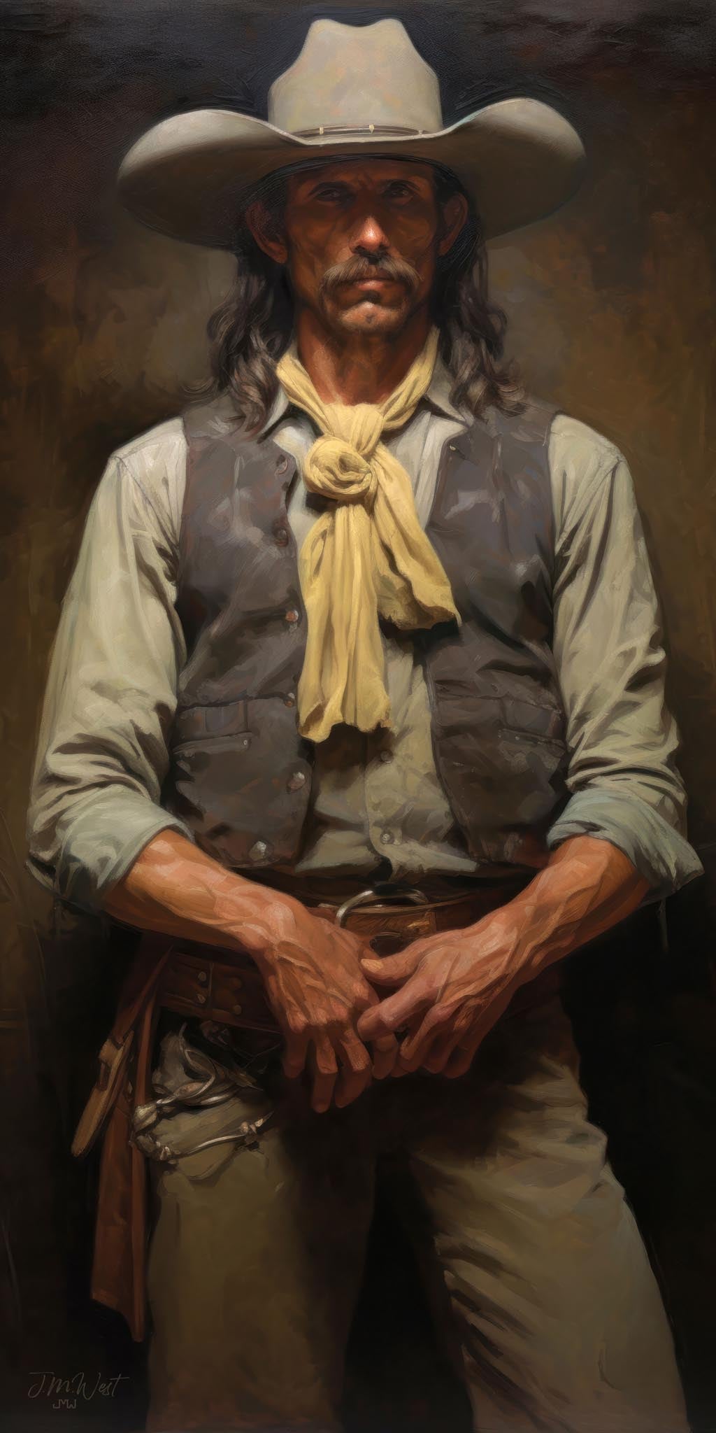 Oil painting style vertical art print of a rugged cowboy or vaquero in three-quarter pose, wearing a cream wide-brim hat, grey vest, linen shirt, and yellow bandana, with a leather gun belt at his hip, set against a dark earthy background with warm chiaroscuro lighting, by Jay Bryant Ward.