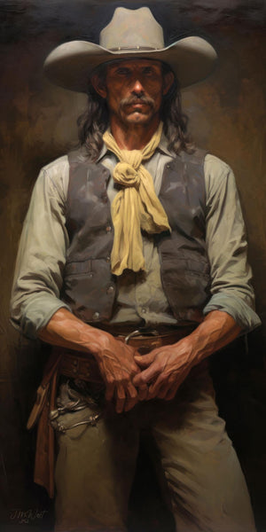 Oil painting style vertical art print of a rugged cowboy or vaquero in three-quarter pose, wearing a cream wide-brim hat, grey vest, linen shirt, and yellow bandana, with a leather gun belt at his hip, set against a dark earthy background with warm chiaroscuro lighting, by Jay Bryant Ward.