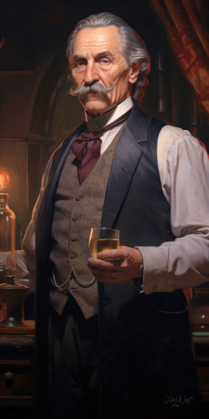 Digitally painted portrait of a distinguished older gentleman with silver swept-back hair and a prominent Victorian mustache, dressed in a layered period ensemble including a white billowing shirt, patterned waistcoat, dark vest, and deep burgundy cravat. He holds a glass of amber spirits, lit by warm candlelight against a dark atmospheric background with red curtain drapery and Victorian study furnishings.