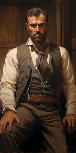 Oil painting portrait of a rugged, broad-shouldered man in Old West attire — white linen shirt, gray vest, loosely knotted neckerchief, leather belt with large buckle, and watch chain — seated with stoic presence against a dark wooden background, lit with warm chiaroscuro light in the style of 19th-century Western American realism.
