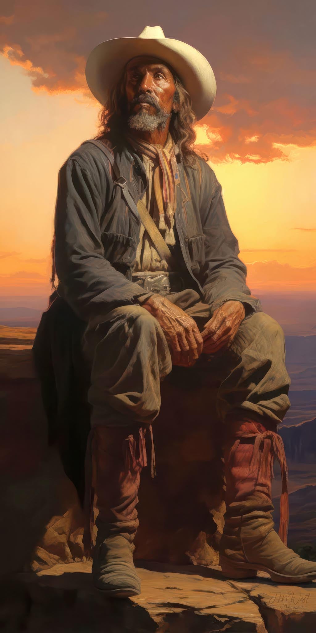 Oil-style painting of a weathered older frontiersman with long white hair, seated on a rocky outcrop at sunset. He wears a white cowboy hat, fringed leather leggings, worn boots, a blue frontier shirt, and a colorful neck scarf. His rugged hands rest in his lap as he gazes upward toward a dramatic golden-orange sky over a sweeping canyon landscape.