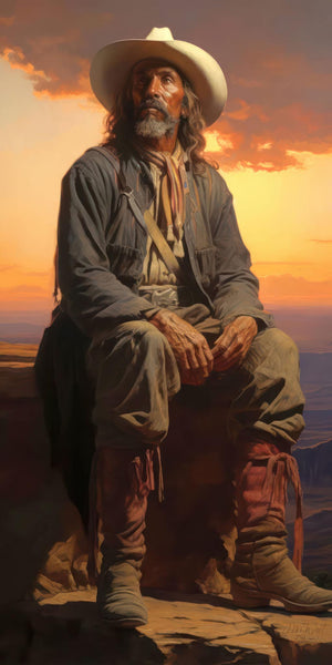 Oil-style painting of a weathered older frontiersman with long white hair, seated on a rocky outcrop at sunset. He wears a white cowboy hat, fringed leather leggings, worn boots, a blue frontier shirt, and a colorful neck scarf. His rugged hands rest in his lap as he gazes upward toward a dramatic golden-orange sky over a sweeping canyon landscape.