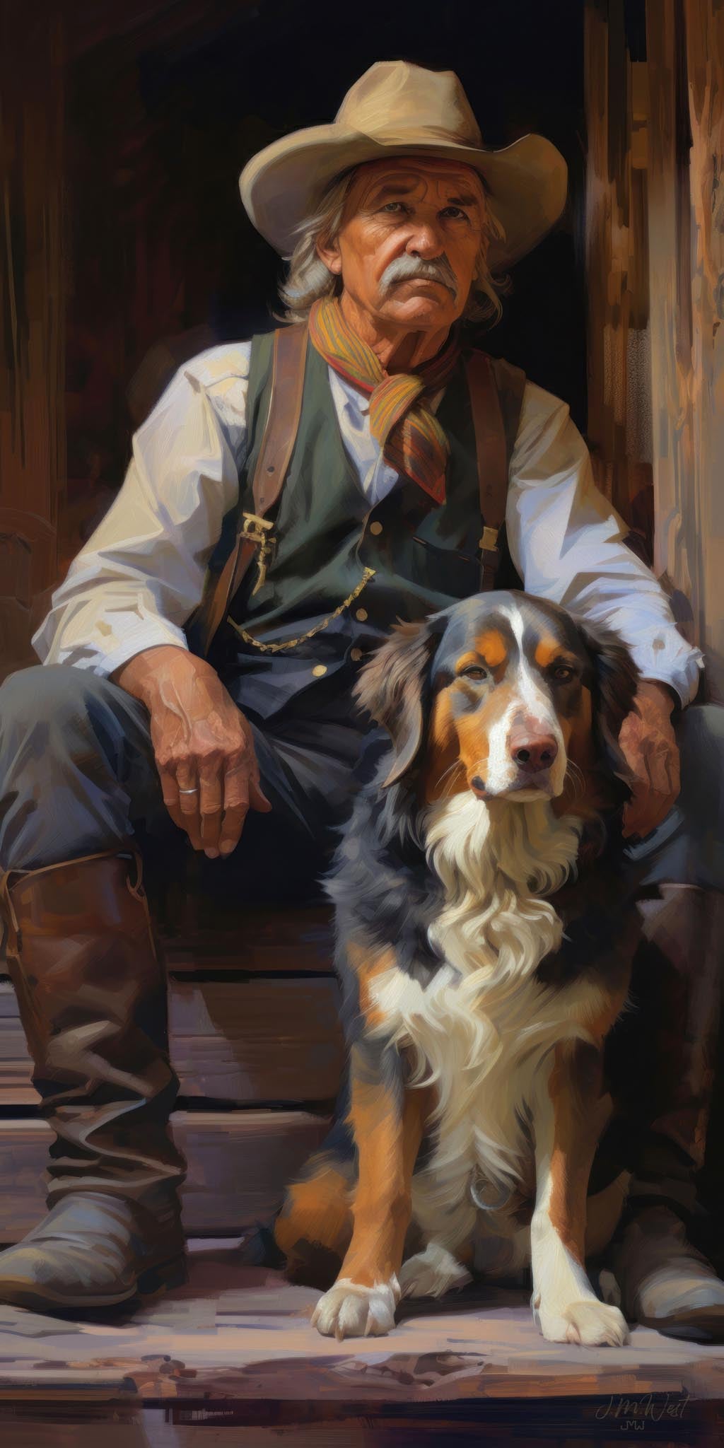 Oil painting-style portrait of a weathered older cowboy in a straw hat, green vest, colorful neckerchief, leather suspenders, and tall brown boots, seated on wooden steps at a rustic ranch doorway, with a tricolor Australian Shepherd dog sitting proudly at his side, bathed in warm dramatic light.