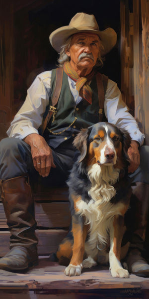 Oil painting-style portrait of a weathered older cowboy in a straw hat, green vest, colorful neckerchief, leather suspenders, and tall brown boots, seated on wooden steps at a rustic ranch doorway, with a tricolor Australian Shepherd dog sitting proudly at his side, bathed in warm dramatic light.