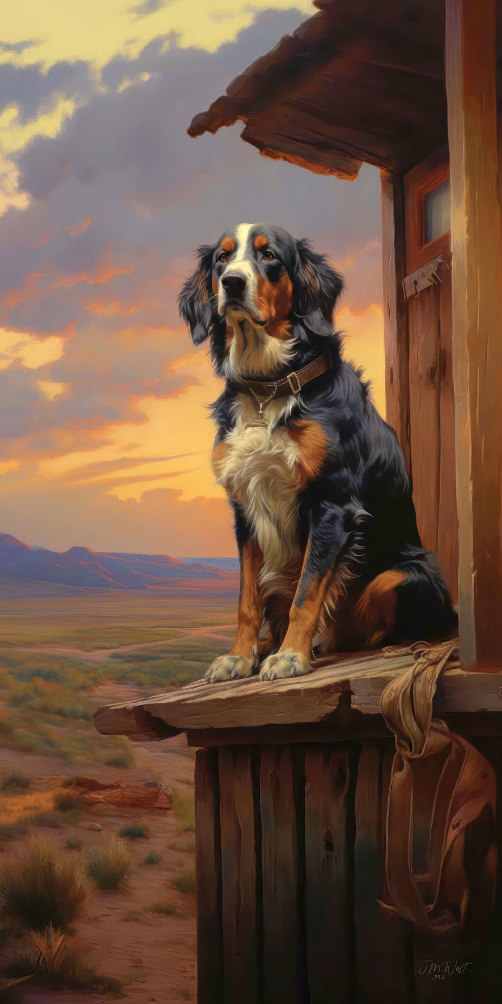 Oil painting style fine art print of a Bernese Mountain Dog seated on a weathered wooden porch ledge beside a rustic cabin, wearing a leather collar and gazing into a sweeping high desert landscape with mesa formations and a warm golden-orange sunset sky filled with dramatic clouds.
