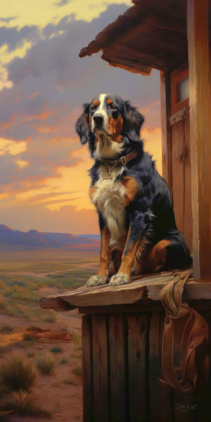 Oil painting style fine art print of a Bernese Mountain Dog seated on a weathered wooden porch ledge beside a rustic cabin, wearing a leather collar and gazing into a sweeping high desert landscape with mesa formations and a warm golden-orange sunset sky filled with dramatic clouds.