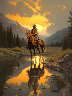 Rugged cowboy ranger on horseback riding across the plains and prairie, set against a sunset or sunrise backdrop, capturing the spirit of the American West.