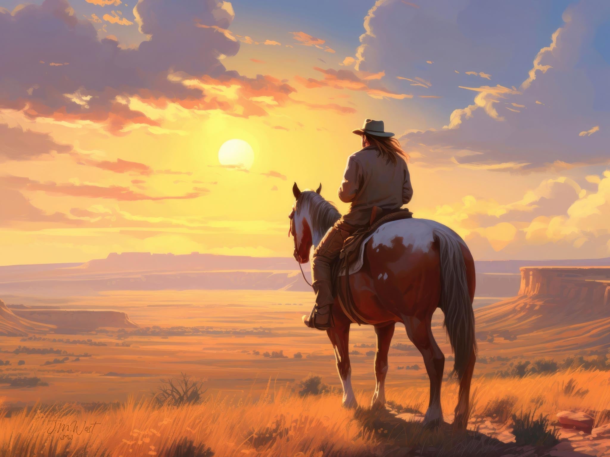 Rugged cowboy on horseback overlooking a vast Western landscape at sunset or sunrise, showcasing the expansive beauty of the American West.