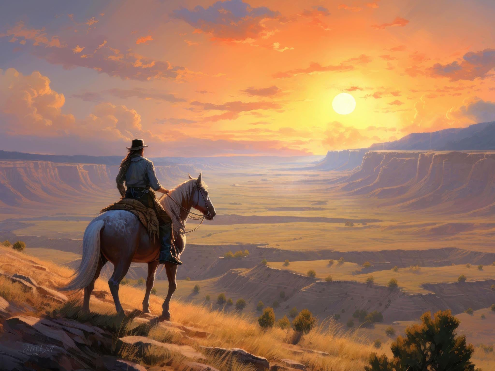 Rugged cowboy on horseback overlooking a vast Western sunset landscape, capturing the beauty and solitude of the American West.