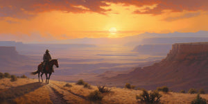 Painterly Western landscape art print showing a lone cowboy on horseback silhouetted against a vast canyon vista at golden sunset, with red rock mesas, layered canyon walls, and a glowing amber and violet sky, by artist Jay Bryant Ward.