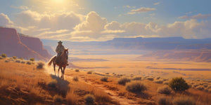 Digitally painted Western landscape showing a lone cowboy on a chestnut horse riding a sun-drenched mesa trail. Red sandstone cliffs rise to the left, a vast golden desert basin stretches to the horizon, and dramatic cumulus clouds billow against a blue sky. Sparse desert scrub and dry grasses fill the foreground with warm amber and burnt orange tones throughout.