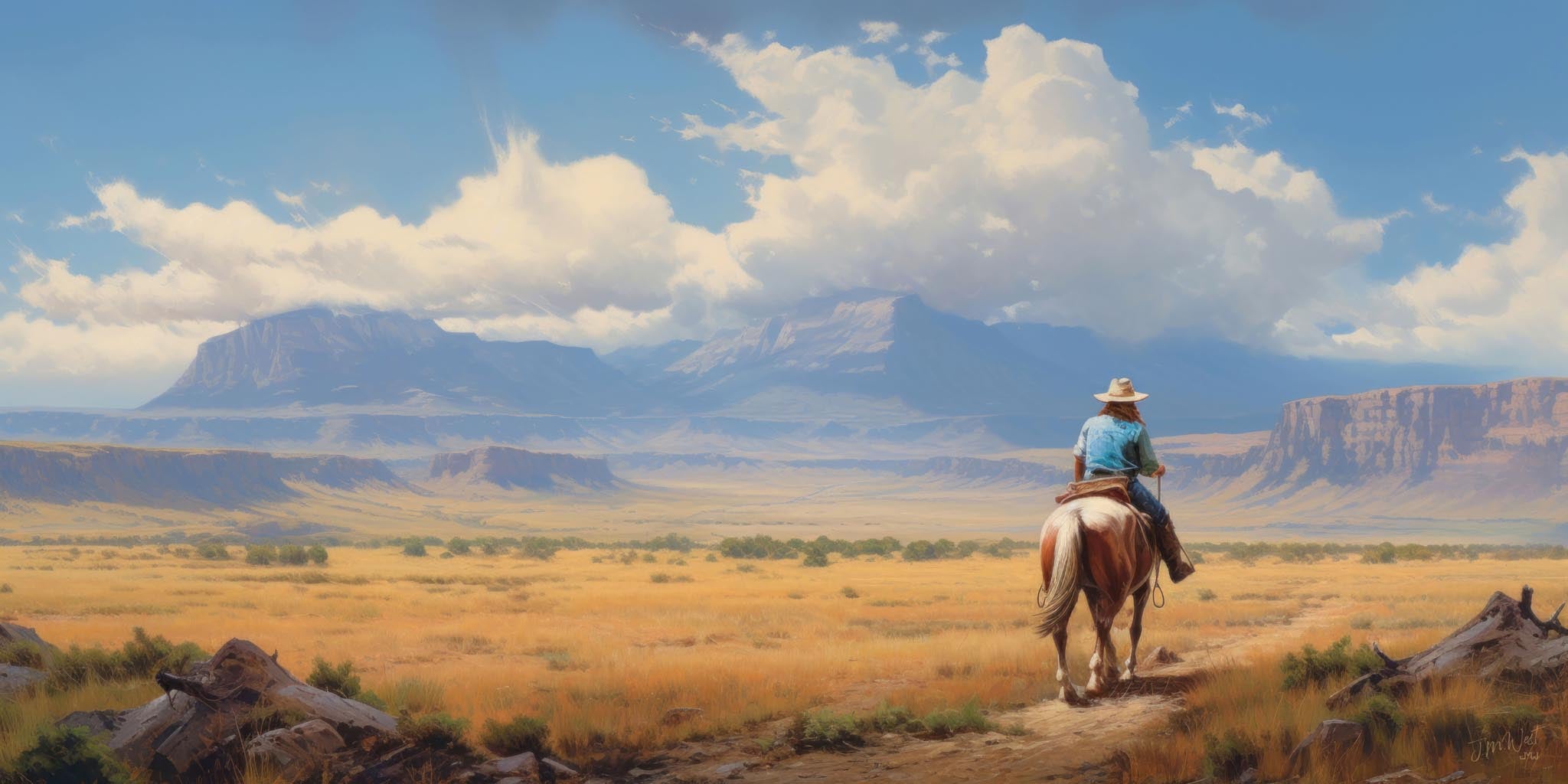 Painterly Western landscape showing a lone rider on a pinto horse viewed from behind, traveling a dusty trail into a vast golden prairie. Distant mesa formations and mountain ranges line the horizon beneath a vivid blue sky filled with large cumulus clouds. The figure wears a wide-brim hat and blue shirt. Warm, oil-painting-style tones throughout.