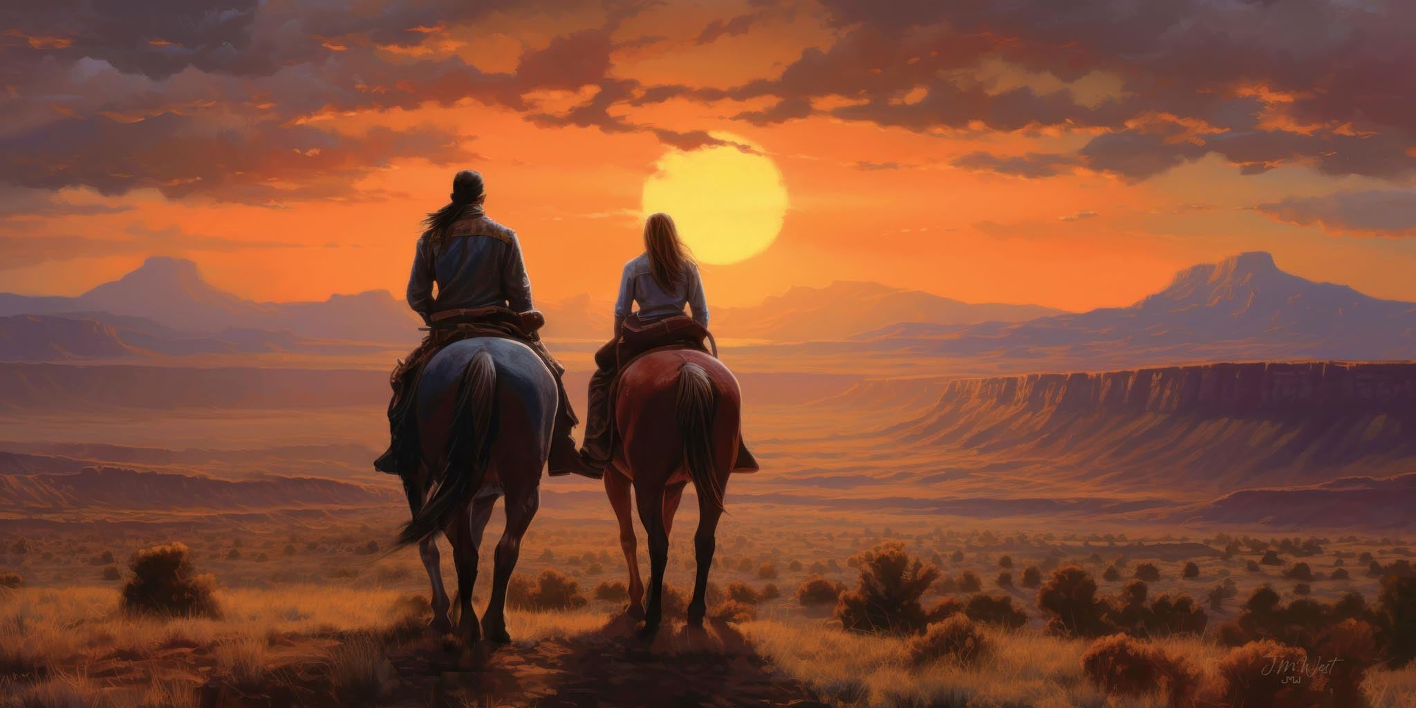 Painterly digital art print showing two horseback riders silhouetted from behind against a fiery orange and gold sunset sky over an American Southwest desert landscape with mesa formations, canyon ridgelines, and purple-toned clouds.