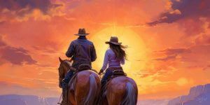 Digital oil-style western art print showing a cowboy and cowgirl on chestnut horses riding side by side toward a vibrant blazing sunset, with canyon silhouettes on the horizon and a sky of gold, orange, and purple, viewed from behind.