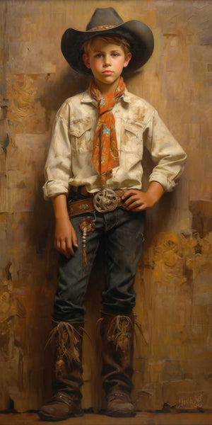 Oil painting portrait of a young boy in full Western cowboy attire — dark wide-brim hat, cream shirt, orange floral bandana, silver belt buckle, fringed leather chaps, and boots — standing confidently with one hand on his hip against a warm golden-brown abstract background, by artist Jay Bryant Ward.