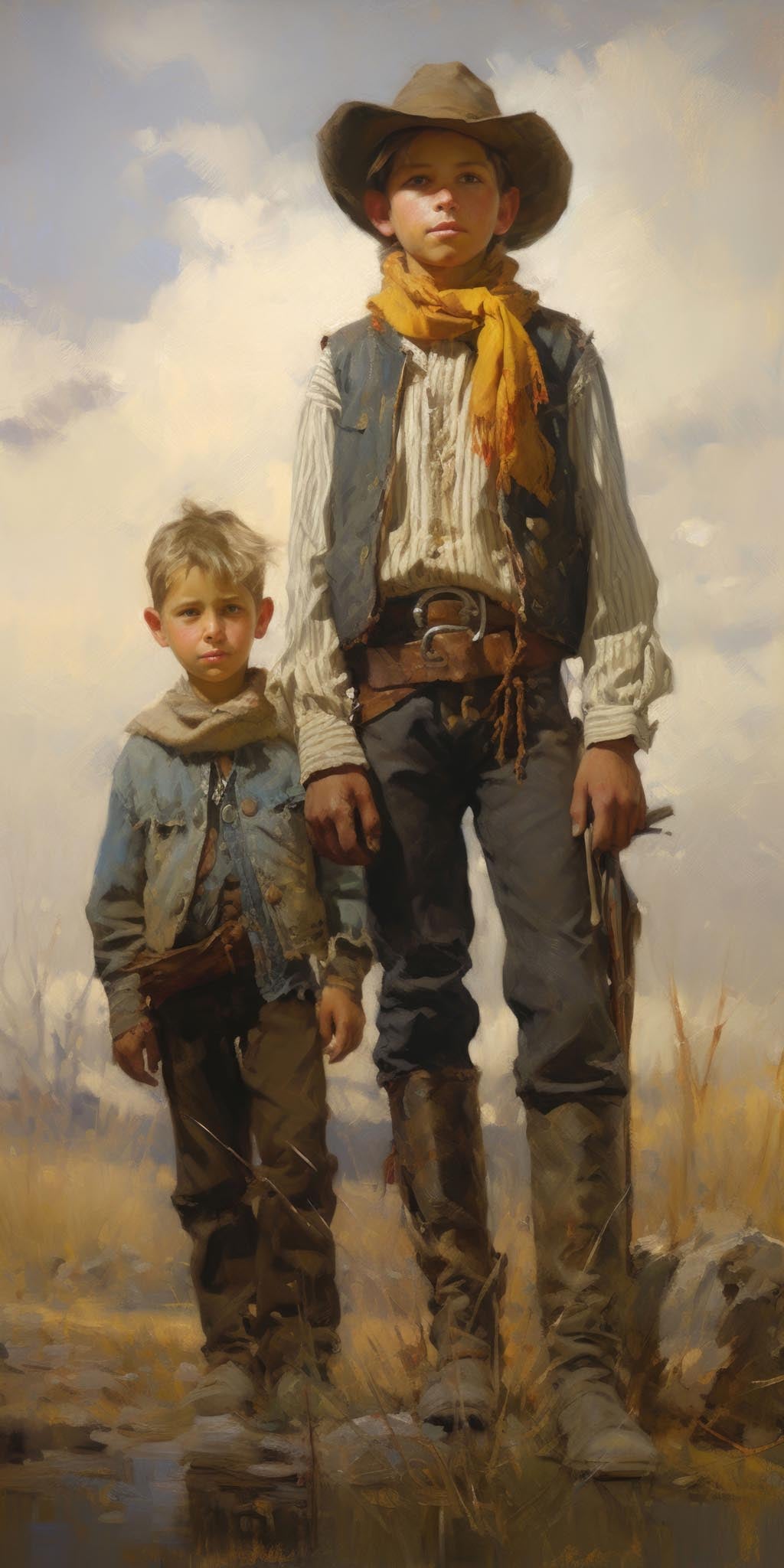 Oil painting print of two young boys dressed as cowboys standing on an open prairie. The taller boy wears a cowboy hat, yellow bandana, denim vest, and tall boots. The smaller boy wears a blue jacket and leather holster. Dramatic clouds fill the sky above golden grasslands in the background.