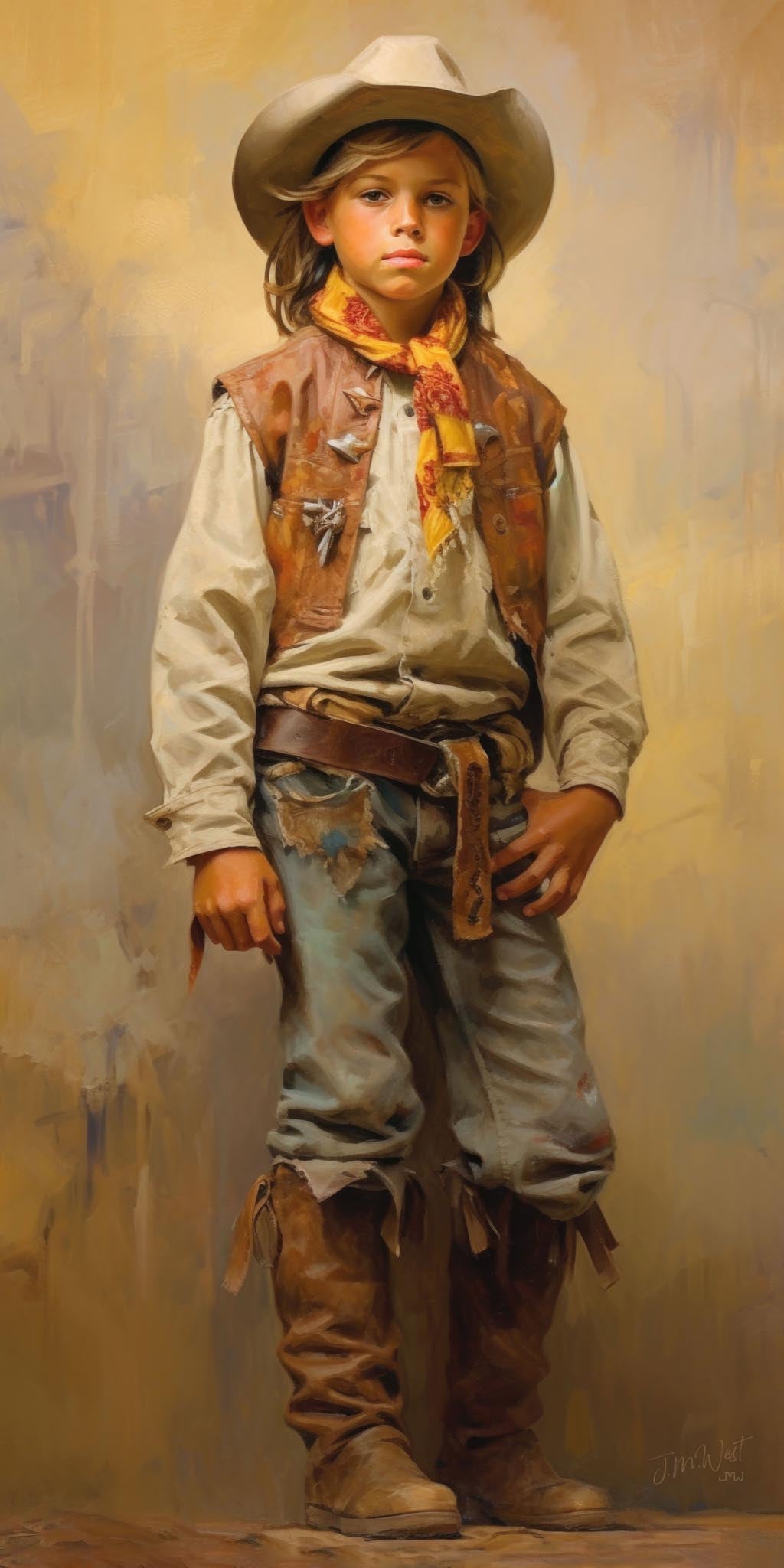 Oil painting portrait of a young child in full Western cowboy attire including a wide-brimmed tan hat, leather vest with silver pins, floral bandana, distressed denim jeans, and fringed leather boots, standing against a warm golden-ochre impressionistic background.