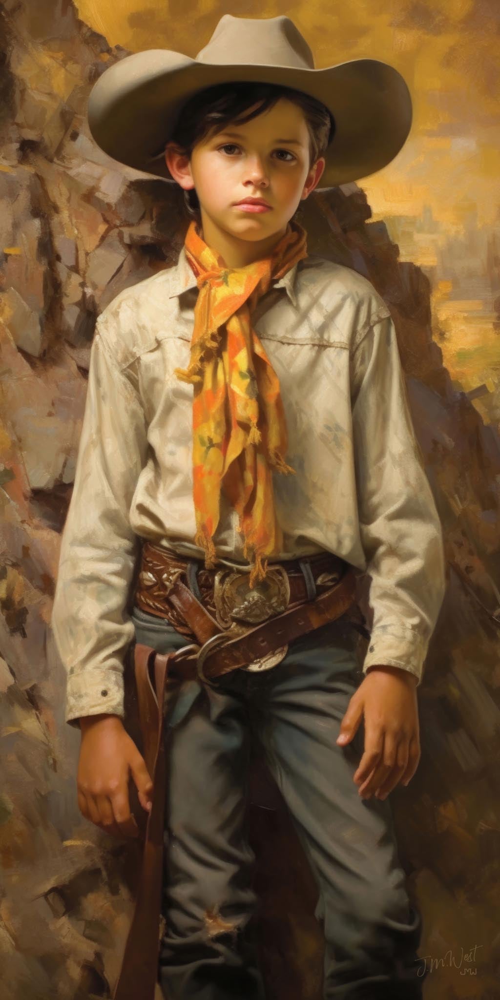 Oil portrait painting of a young boy in full cowboy attire — wide-brimmed gray felt hat, cream Western shirt, orange and yellow bandana, dark denim jeans, and an ornate leather belt with holster — standing confidently against a warm, golden, rocky Western landscape. Painted in a loose impressionistic style by Jay Bryant Ward.