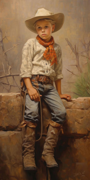 Oil painting portrait of a young boy in full cowboy attire — tan wide-brimmed hat, plaid bandana, leather chaps, and worn boots — sitting on a stone ledge holding a lasso against a warm earthy desert background, by artist Jay Bryant Ward.