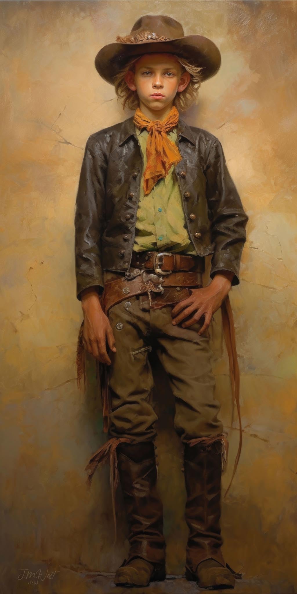 Oil painting portrait of a young boy in full frontier cowboy attire, including a wide-brimmed brown hat, dark leather jacket with brass buttons, green shirt, orange bandana, fringed chaps, leather gun belt, and tall boots, standing in a confident pose against a warm golden ochre textured background.